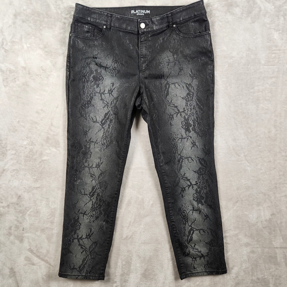 Chico's Platinum Ultimate Fit Black Lace Floral Pattern Straight Leg Jeans W38